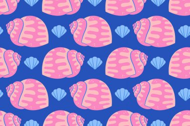 Deniz kabuklu, pürüzsüz desen. El, modaya uygun düz deniz kabuğu çizmiş. Tropik deniz kabukları. Kusursuz yaz şablonu. Vektör illüstrasyonu