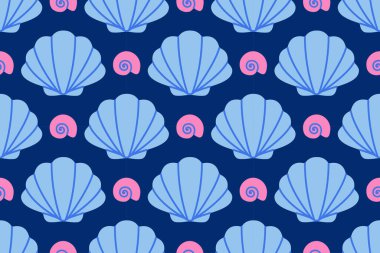 Deniz kabuklu, pürüzsüz desen. El, modaya uygun düz deniz kabuğu çizmiş. Tropik deniz kabukları. Kusursuz yaz şablonu. Vektör illüstrasyonu