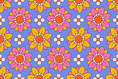Eski moda ve eğlenceli tasarımı olan canlı, pürüzsüz çiçek deseni. Karşıt renkler, modaya uygun estetik kültür 60 'lar ve 70' ler, iç tasarım markalaşma, tekstil veya ambalaj kağıdı