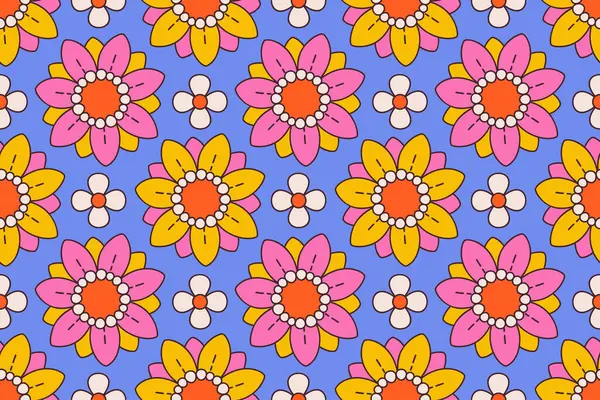 Eski moda ve eğlenceli tasarımı olan canlı, pürüzsüz çiçek deseni. Karşıt renkler, modaya uygun estetik kültür 60 'lar ve 70' ler, iç tasarım markalaşma, tekstil veya ambalaj kağıdı