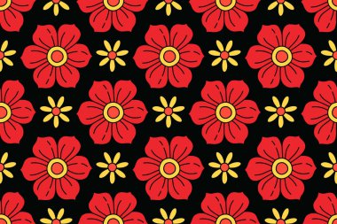 Eski moda ve eğlenceli tasarımı olan canlı, pürüzsüz çiçek deseni. Karşıt renkler, modaya uygun estetik kültür 60 'lar ve 70' ler, iç tasarım markalaşma, tekstil veya ambalaj kağıdı