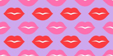 Yumuşak eflatun arka planda kırmızı ve pembe dudaklı kusursuz desen. Düz oyuncu, romantik tasarım pastel tonları. Sevgililer Günü projeleri için mükemmel, moda baskıları, duvar kağıtları, ambalaj kağıtları, tekstil