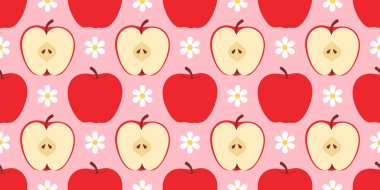 Beyaz papatya ve kırmızı elmalarla kusursuz desen, tam ve yarım. Düz stil, temiz tasarım meyve kalıpları. Moda baskıları, kırtasiye ürünleri, tekstil, duvar kağıtları, ambalaj kağıtları için mükemmel.