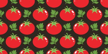 Parlak kırmızı domatesler ve koyu arkaplanda yeşil maydanoz yapraklarıyla kusursuz desen. Temiz düz stil, tekstil, duvar kağıtları, ambalaj, mutfak dekorasyonu, markalaşma, dijital baskılar için ideal