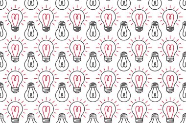 Beyaz arka planda parlayan ampullerle kusursuz desen. Basit tasarım el çizimi, eğlenceli ve modern görünüş. Duvar kağıtları, tekstil, hediye paketleri veya dijital arka planlar için mükemmel..