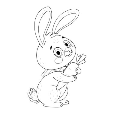 Sevimli Paskalya Tavşanı büyük havuç boyama sayfasına sarılıyor. El çizimi sanat tarzı. Olgun ve sulu havuçlu tavşan ya da tavşan, bahar festivali havucu bayramı karakter boyama kitabı.