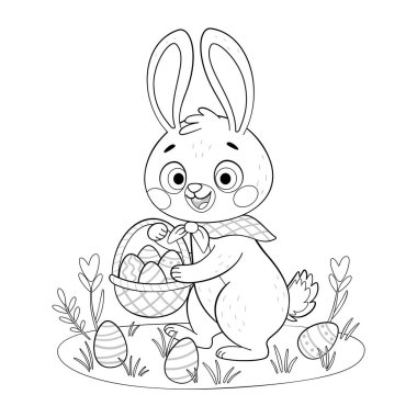 Sepet boyama sayfalı şirin Paskalya Tavşanı. El çizimi sanat tarzı. Tavşan ya da tavşan çiçekli bir çayırda yumurta arıyor. Bahar bayramı için özel bir tatil karakteri boyama kitabı..
