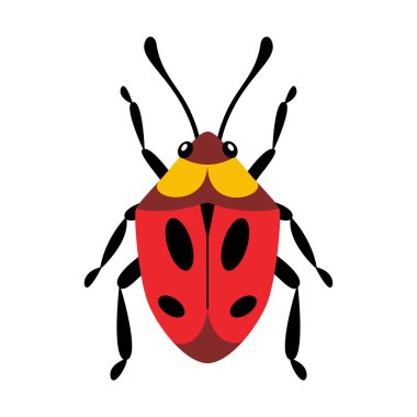 Şekillendirilmiş, parlak kırmızı gövdeli ve siyah benekli çizgi film böceği. El çizimi moda düz stil. Basit, modern tasarım. Eğitimsel çizimler, böcek temalı tasarımlar veya dekoratif amaçlar için.