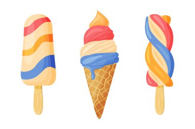Lezzetli dondurmalar, katmanlı buzlu dondurma, waffle külahı ve meyveli dondurma. El çizimi düz stil. Tatlı menüleri, dondurma paketleme, posterler, sosyal medya, yaz yemekleri için izole edilmiş illüstrasyon.