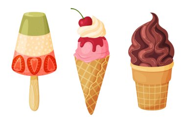 Lezzetli dondurma katmanlı dondurma, waffle külahı ve çikolatalı dondurma. El çizimi düz stil. Tatlı menüleri, dondurma paketleme, posterler, sosyal medya, yaz yemekleri için izole edilmiş illüstrasyon.