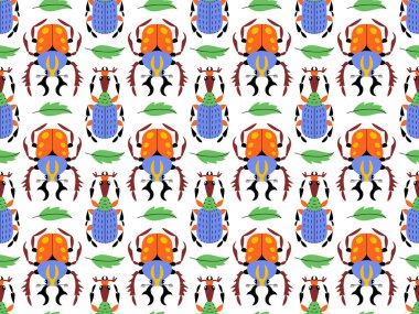 Renkli böcekler ve beyaz arka planda yeşil yapraklı kusursuz vektör deseni. Düz stil. Gençlik ve çocuk temaları, tekstil, çocuk dekorasyonu, ambalaj kağıdı, kırtasiye malzemesi için ideal.