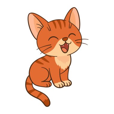Şirin turuncu tekir kedicik oturur ve miyavlar. Düz vektör karikatür tarzı, temiz, basit, sevimli kedi çizimi. Çocuk içeriği, tebrik kartları, çıkartmalar, tişörtler, kupalar ve posterler için mükemmel.