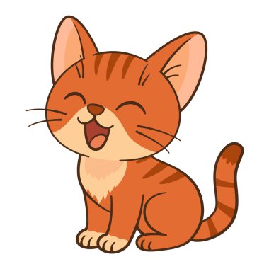 Şirin turuncu tekir kedicik oturuyor ve miyavlıyor. Düz vektör karikatür tarzı, temiz, basit, sevimli kedi grafikleri. Çocukların içeriği için mükemmel, tebrik kartları, çıkartmalar veya tişörtler, kupalar ve posterler.