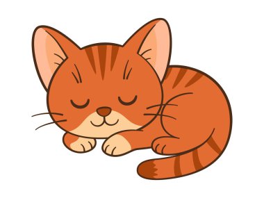 Tatlı turuncu tekir kedicik tatlı tatlı uyuyor. Uyuyan kedi. Düz çizgi film tarzı, temiz, basit, sevimli kedi grafikleri. Çocuklar için mükemmel içerik, tebrik kartları, çıkartmalar veya tişörtler, kupalar ve posterler