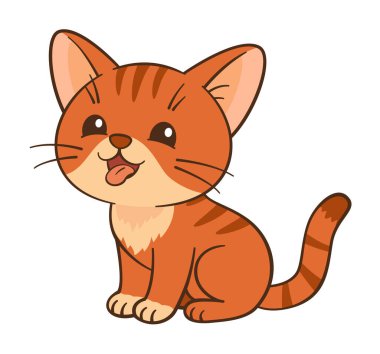 Kızıl kedi dili dışarıda oturur. Tatlı zencefilli tekir kedicik. Düz stil Chibi kedisi, temiz, basit tasarım. Çocuk içeriği, tebrik kartları, çıkartmalar, tişörtler, kupalar ve poster illüstrasyonları için ideal