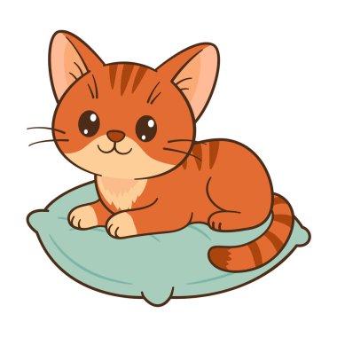 Yastığın üzerinde yatan sevimli turuncu tekir kedicik. Zencefilli Chibi Kedi. Düz stil, temiz, basit, sevimli kedi çizimi. Çocuklar için mükemmel içerik, tebrik kartları, çıkartmalar, tişörtler, kupalar ve posterler 
