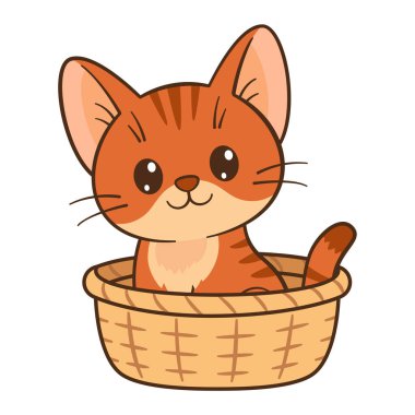 Kırmızı kedi bir sepette oturuyor. Tatlı zencefilli tekir kedicik. Düz stil Chibi kedisi, temiz, basit tasarım. Çocuk içeriği, tebrik kartları, çıkartmalar, tişörtler, kupalar ve posterler için mükemmel. 