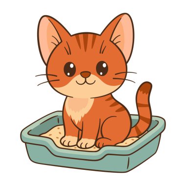 Kum havuzunda rahat rahat oturan sevimli kızıl kedicik. Düz stil Chibi kedisi, temiz, basit tasarım. Çocuklar için mükemmel içerik, tebrik kartları, çıkartmalar, tişörtler, kupalar ve posterler