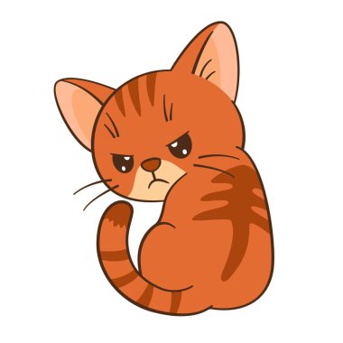 Kızgın turuncu tekir kedi oturur ve omzunun üstünden bakar. Düz stil Chibi kedisi, temiz, basit tasarım. Çocuk içeriği, tebrik kartları, çıkartmalar, tişörtler, kupalar ve posterler için mükemmel