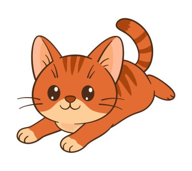 Şirin turuncu tekir kedi yavrusu karnının üstünde yatıyor. Zencefilli Chibi Kedi. Düz stil, temiz, basit, sevimli kedi çizimi. Çocuklar için mükemmel içerik, tebrik kartları, çıkartmalar, tişörtler, kupalar, posterler.