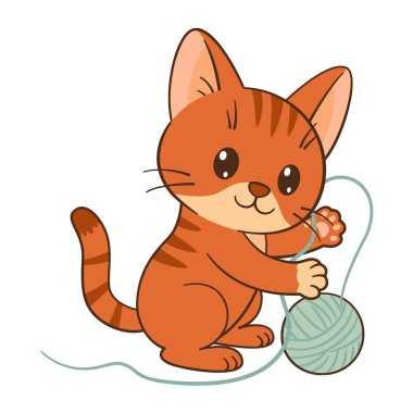 Kedi yavrusu iplikle oynuyor. Şirin zencefilli tekir kedicik. Düz stil Chibi kedisi. Temiz, basit tasarım. Çocuk kitapları, hikaye çizimleri, tebrik kartları, çıkartmalar, tişörtler, kupalar ve posterler için
