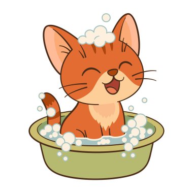 Su ve sabun köpükleriyle yeşil havuzda oturan mutlu kedi. Şirin zencefilli tekir kedi yavrusu Chibi Düz stili, basit tasarım. Çocuklar için içerik, tebrik kartları, çıkartmalar, tişörtler, kupalar, posterler.