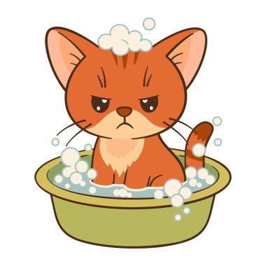 Huysuz turuncu tekir kedi içi sabun köpüğüyle dolu yeşil küvette oturuyor. Kawaii tarzı, parlak çizgiler. Tebrik kartları, çıkartmalar, dijital içerik, hayvan bakımı, hijyen, mizahi bağlamlar için.