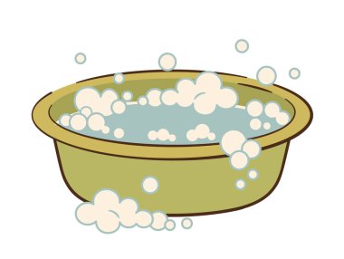 Bir kase sabunlu su. Elle çizilmiş düz sabun köpükleri, su, çamaşır yıkama. Leğen suyla dolu. Ev temizleme vektör illüstrasyonu.