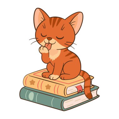Şirin turuncu tekir kedicik kitap yığınının üstüne oturup patisini yalıyor. Chibi Cat Flat tarzı, temiz, basit, sevimli kedi çizimi. Çocuklar için mükemmel içerik, tebrik kartı, çıkartmalar, tişörtler, kupalar, posterler.