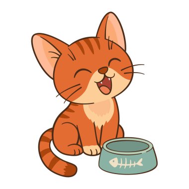 Tatlı zencefilli tekir kedi boş bir kasenin yanında oturuyor. Kedi miyavlıyor ve yemek istiyor. Düz stil temiz, basit tasarım. Çocuk içeriği, tebrik kartları, çıkartmalar, tişörtler, kupalar ve posterler için illüstrasyon. 