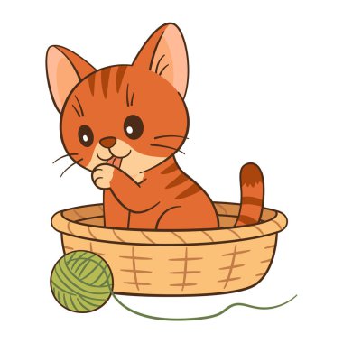 Sepette oturan kırmızı kedi pençe yalıyor. Tatlı zencefilli tekir kedicik. Düz stil Chibi kedisi, temiz, basit tasarım. Çocuklar için içerik, tebrik kartları, çıkartmalar, tişört, kupa, poster vektör illüstrasyonu. 