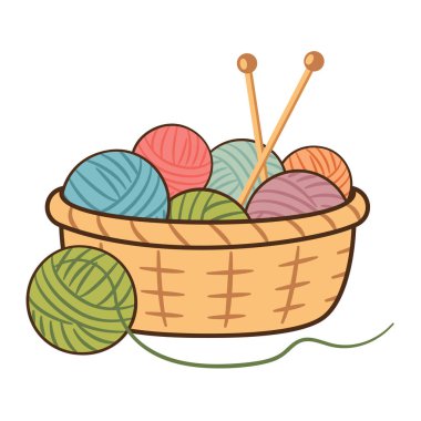 Farklı renklerde iplik yumakları, mavi, pembe, turuncu ve mor, ve iki örgü iğnesi. El çizimi düz sepet iplikli. DIY mağazası, hobi siteleri, el yapımı, örgü