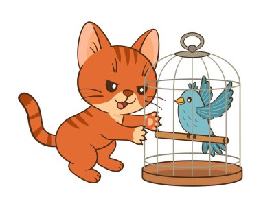 Kedi yavrusu iplikle oynuyor. Şirin zencefilli tekir kedicik. Düz stil Chibi kedisi. Temiz, basit tasarım. Çocuk kitapları, hikaye çizimleri, tebrik kartları, çıkartmalar, tişörtler, kupalar ve posterler için. 