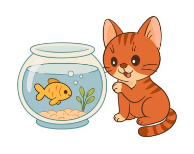 Tatlı zencefilli tekir kedi akvaryumun içindeki akvaryuma ilginç bir şekilde bakıyor. El çizimi düz chibi tarzı. Çocuk kitapları, uygulamalar, hayvan bakımı promosyonları, web siteleri veya hayvan severler için tebrik kartları için ideal.