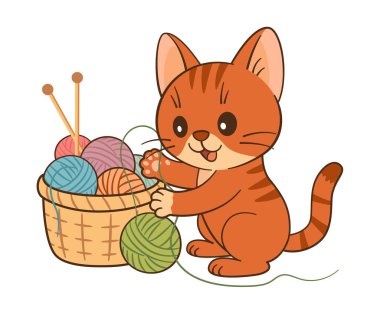 Tatlı turuncu tekir kedi iplikle oynuyor. Farklı renklerde iplik yumakları ve iki örgü iğnesi. El çizimi düz chibi tarzı. Kitaplar, uygulamalar, DIY, evcil hayvan dükkanı, hobi siteleri için ideal