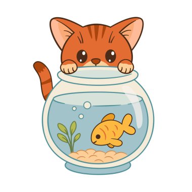 Tatlı zencefilli tekir kedi akvaryumun içindeki akvaryuma ilginç bir şekilde bakıyor. El çizimi düz chibi tarzı. Çocuk kitapları, uygulamalar, hayvan bakımı promosyonları, web siteleri veya hayvan severler için tebrik kartları için ideal.