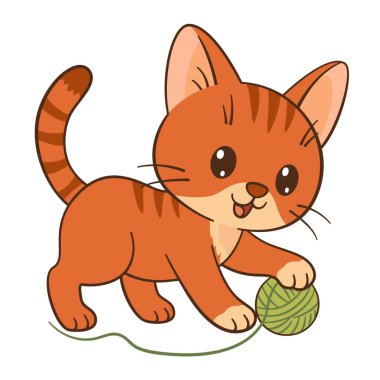 Kedi yavrusu iplikle oynuyor. Şirin zencefilli tekir kedicik. Düz stil Chibi kedisi. Temiz, basit tasarım. Çocuk kitapları, hikaye çizimleri, tebrik kartları, çıkartmalar, tişörtler, kupalar ve posterler için. 