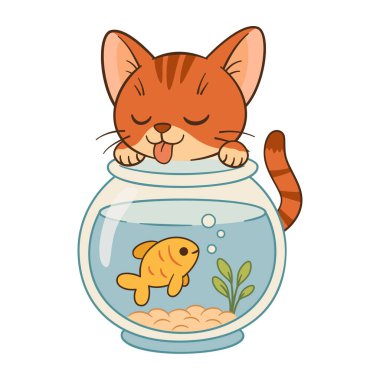 Tatlı zencefilli tekir kedi akvaryumun içindeki akvaryuma ilginç bir şekilde bakıyor. El çizimi düz chibi tarzı. Çocuk kitapları, uygulamalar, hayvan bakımı promosyonları, web siteleri veya hayvan severler için tebrik kartları için ideal.