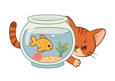 Akvaryumun içinde japon balığıyla oynayan sevimli kızıl kedicik. El çizimi düz chibi tarzı. Çocuk kitapları, uygulamalar, hayvan bakımı promosyonları, web siteleri veya hayvan severler için tebrik kartları için ideal.