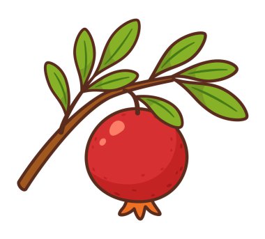 Taze yeşil yapraklı bir dalda sallanan olgun nar. El çizimi düz stil. Yiyecek ambalajı, sağlıklı yiyecekler, yemek tarifi kitapları, beslenme blogları, ürün etiketleri, menü, mevsimlik tasarımlar için. Vektör