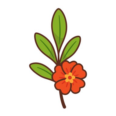 Parlak kırmızı çiçekli nar dalı. Elle çizilmiş düz stil ve kalın hatlar. Yiyecek ambalajı, sağlıklı yiyecekler, organik markalar, beslenme blogları, etiketler, mevsimlik tasarımlar, tebrik kartları için