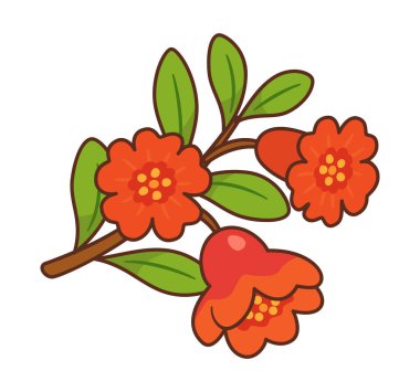 Parlak kırmızı çiçekli nar dalı. Elle çizilmiş düz stil ve kalın hatlar. Yiyecek ambalajı, sağlıklı yiyecekler, organik markalar, beslenme blogları, etiketler, mevsimlik tasarımlar, tebrik kartları için
