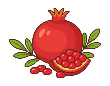 Nar meyvesi, bir bütün ve yeşil yapraklı kama. El çizimi düz stil. Gıda ambalajı, sağlıklı gıda promosyonları, tarif kitapları, beslenme blogları, ürün etiketleri, menü ve mevsimlik tasarımlar için.