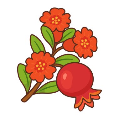 Meyveli ve parlak kırmızı çiçekli nar dalı. Elle çizilmiş düz stil ve kalın hatlar. Yiyecek ambalajı, sağlıklı yiyecekler, yemek tarifi kitapları, beslenme blogları, ürün etiketleri, menü, mevsimsel tasarımlar için. 