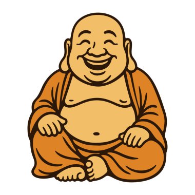 Gülen Buda ya da Mutlu Buda meditasyon poziyonunda oturuyor. Temiz kalın hatlar ve düz stil, gayri resmi, yetişkin ya da alternatif yaratıcı projeler için. Vektör illüstrasyonu