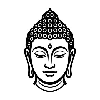 Buda kafası, minimalist siyah-beyaz vektör çizimi. Basit ve zarif bir stil. Dijital ve basılı ürünler için mükemmel, modern ve geleneksel tasarım.
