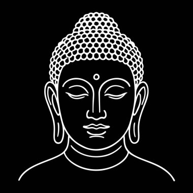 Buda kafası, minimalist siyah-beyaz vektör çizimi. Basit ve zarif bir stil. Dijital ve basılı ürünler için mükemmel, modern ve geleneksel tasarım.