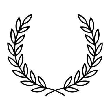 Laurel çelengi siyah beyaz ikon temiz çizgi sanat tarzı. Logolar, amblemler, ödül sertifikaları, diplomalar, spor simgeleri, dövme, çerçeveler, sertifikalar, üniversite sembolleri için ideal. Vektör illüstrasyonu