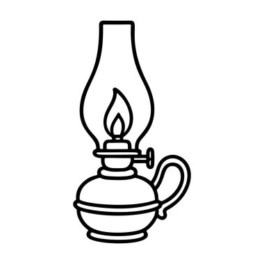 Gazyağı feneri siyah-beyaz ikon temiz çizgi sanatı, karalama tarzı. Taşınabilir lamba, kamp malzemeleri. Logo, dövme, uygulama, boyama kitabı, web tasarımı, bilgi grafikleri, afiş, poster için ideal