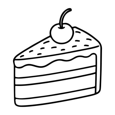 Kirazlı, siyah beyaz ikon çizgili, çizgili, karalama tarzı bir kek. Logo, dövme, uygulama, boyama kitabı, web tasarımı, bilgi grafikleri, afiş, poster ve daha fazlası için ideal. Vektör illüstrasyonu